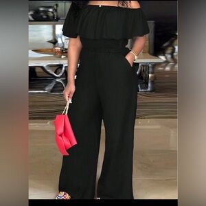 Off-Shoulder Ruffled Black Wide-Leg Jumpsuit in 2XL